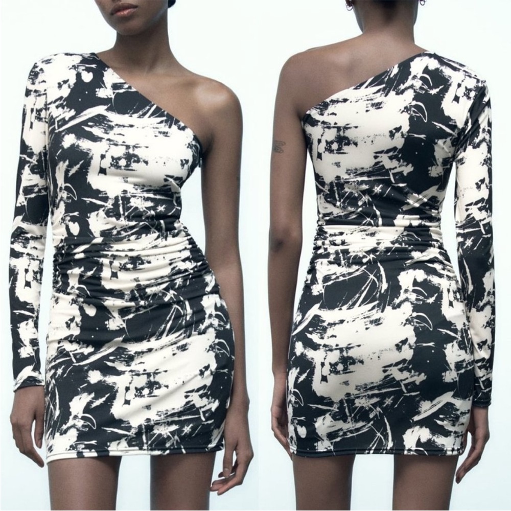 NEW Zara One Shoulder Asymmetrical Ruched Bodycon Stretch Mini Dress